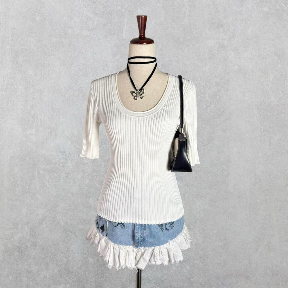 Veronica Beard “Dany” White Scoop Neck Pullover 3/4 Sleeve Top